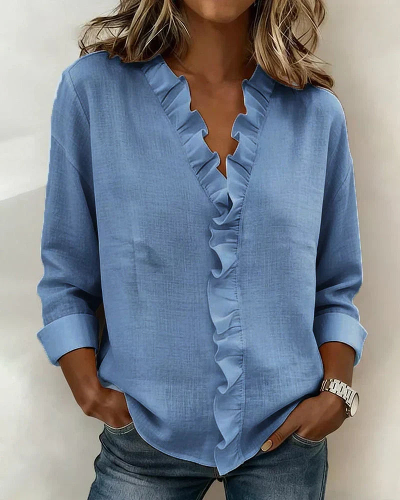 Indie™ | Blouse with Ruffles, V-Neck and Long Sleeves