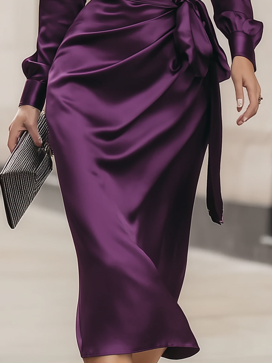 Clara | Deep Plum Satin Wrap Midi Dress