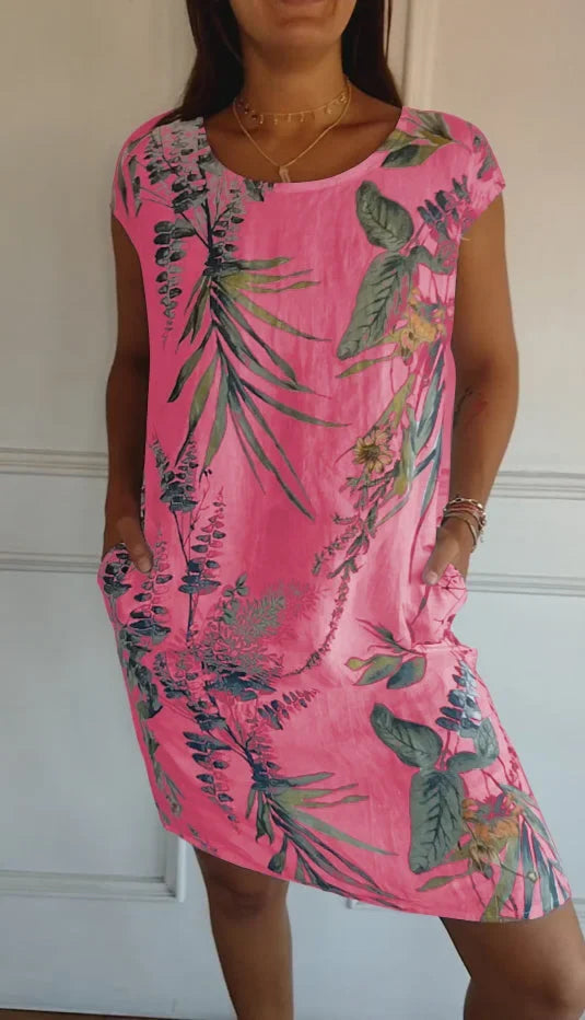 Printed summer dress in cotton and linen for women with pockets