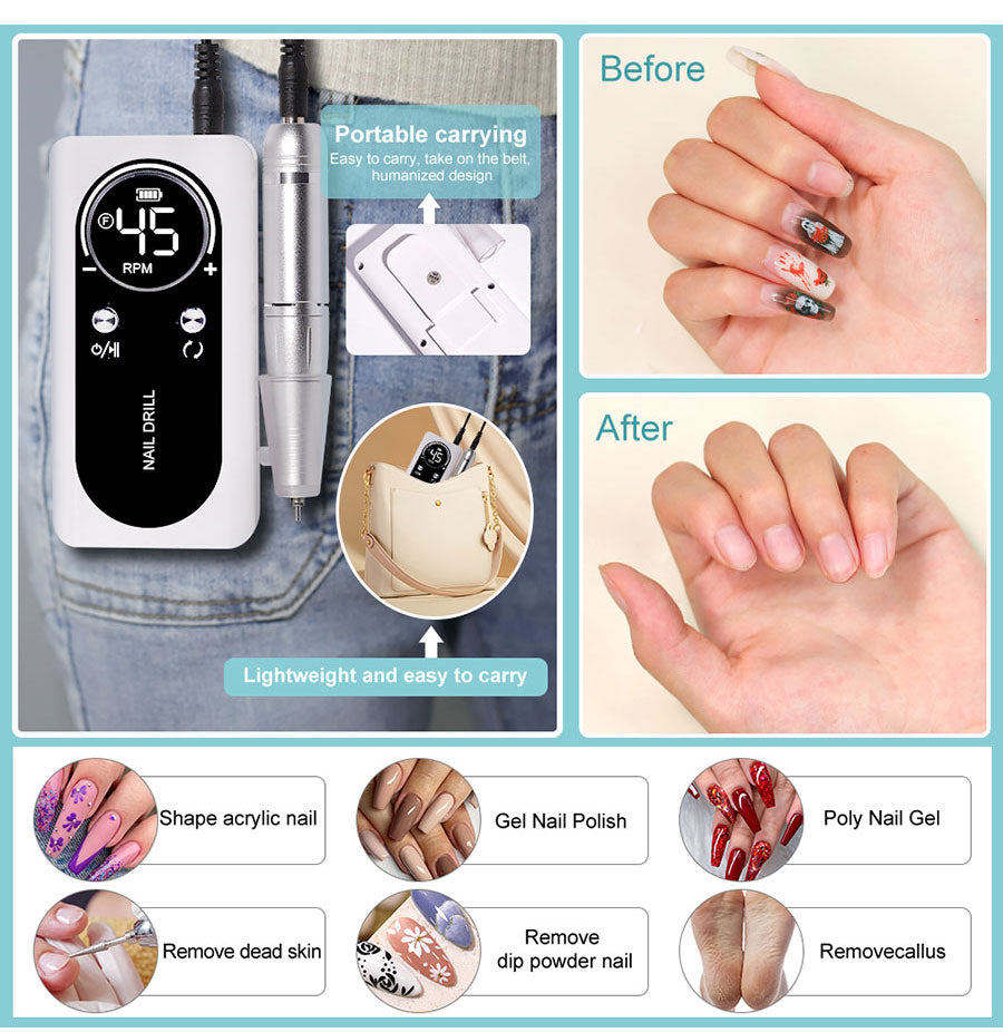 Azura | Professional 45000RPM portable electric nail file with rechargeable battery | Low noise level for manicure