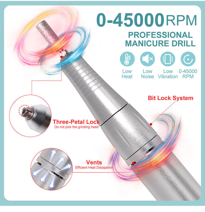 Azura | Professional 45000RPM portable electric nail file with rechargeable battery | Low noise level for manicure
