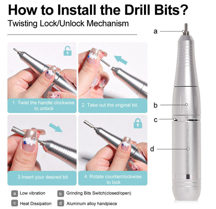 Azura | Professional 45000RPM portable electric nail file with rechargeable battery | Low noise level for manicure