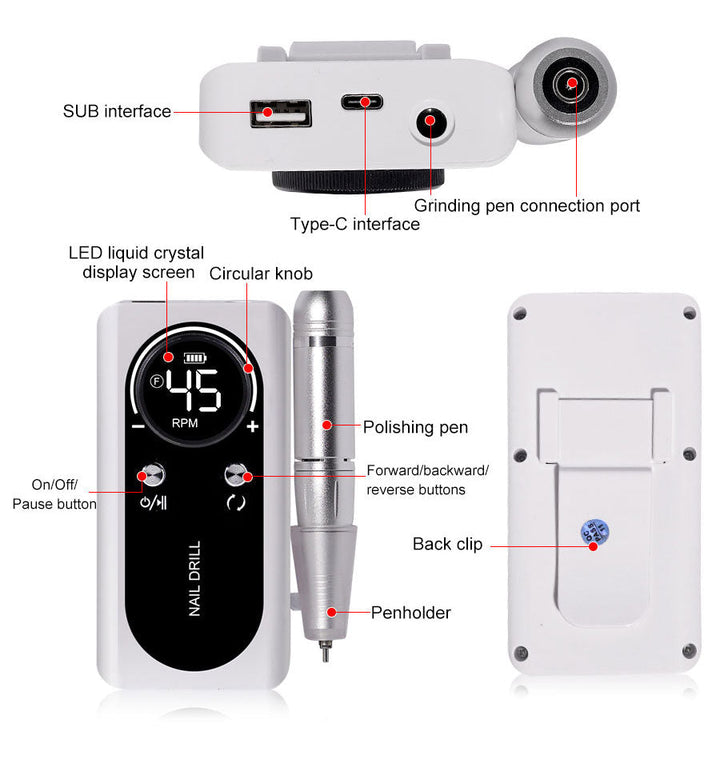 Azura | Professional 45000RPM portable electric nail file with rechargeable battery | Low noise level for manicure