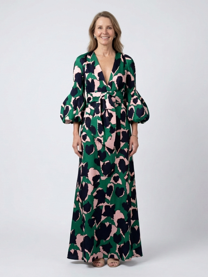 Isolde | V Neck Tie Waist Long Sleeve Maxi Dress