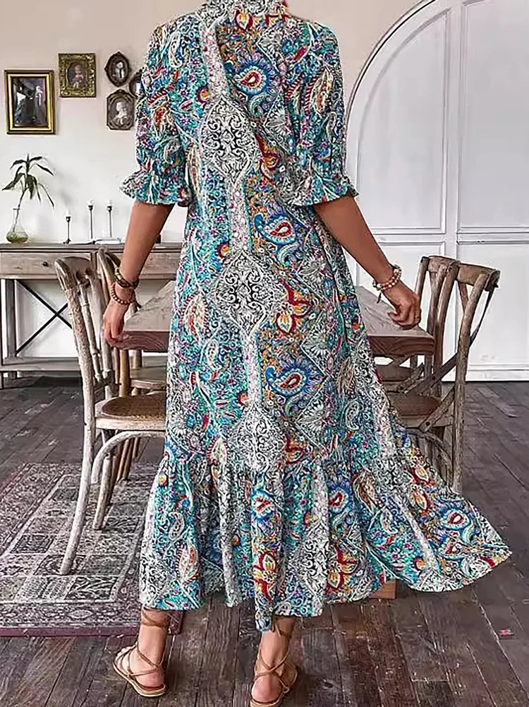 Carolette - Boho Drawstring Neck Maxi Dress