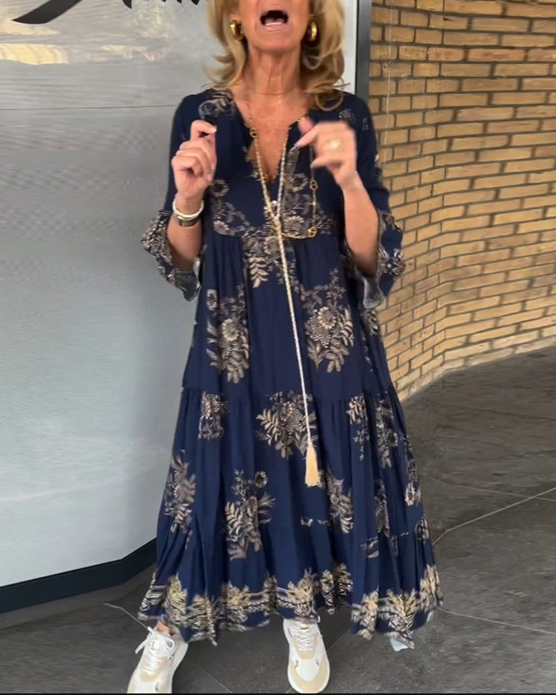 Nora – Vintage Loose V-Neck Midi Dress