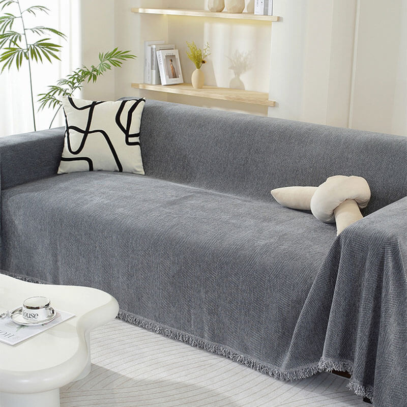 BowLift | Chenille Sofa Cover Herringbone Tassel Design