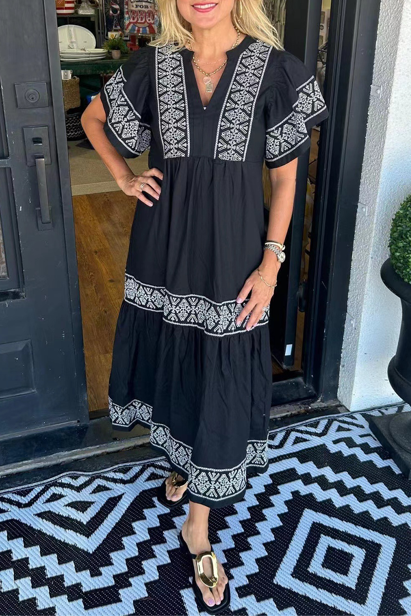 SORAYA – GEOMETRIC PRINT PATCHWORK V-NECK A-LINE DRESS