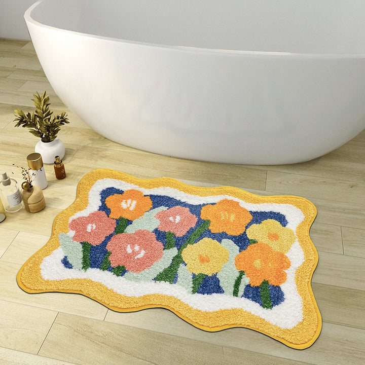 BowLift | Colorful Flower Bathroom Mat, Orange Flora Soft Bathroom Rug, Woven Bath Mat, Purple Tulip Water-Absorbent Non-Slip Bath Mat