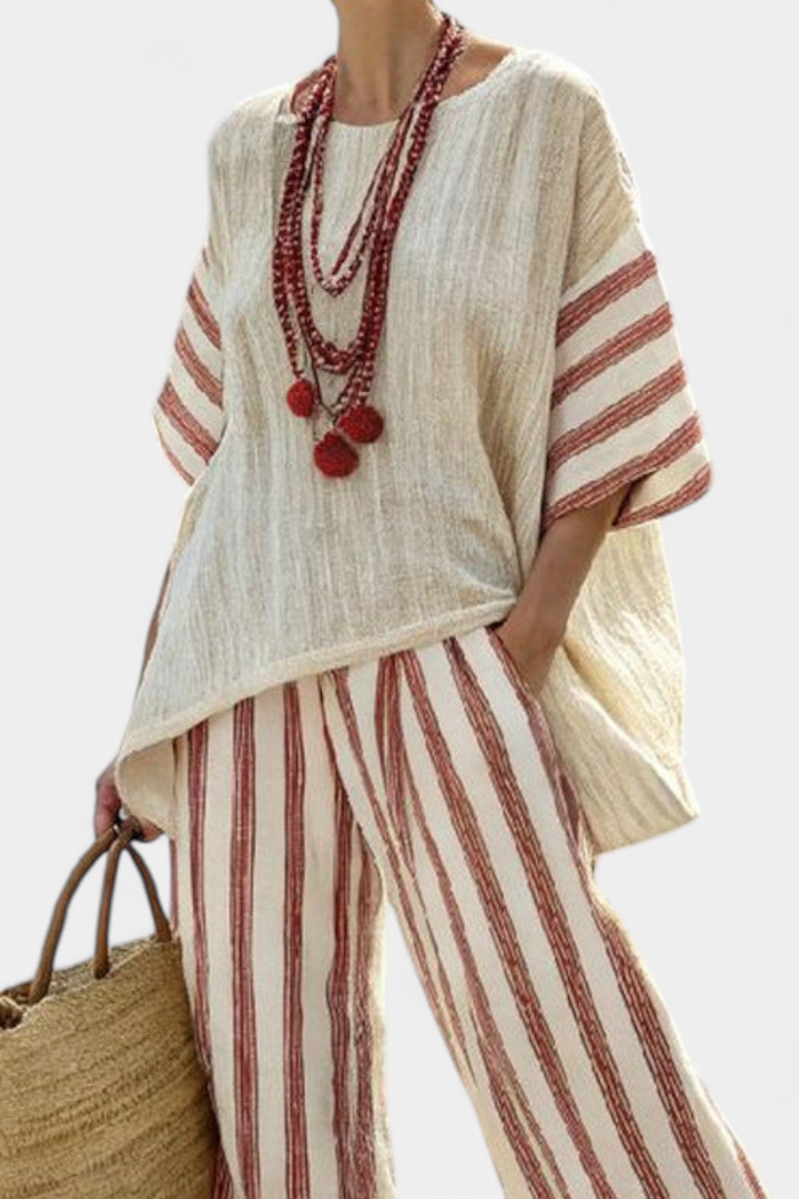 Braelith | Elegant Rustic Striped Top & Cream Linen Pants