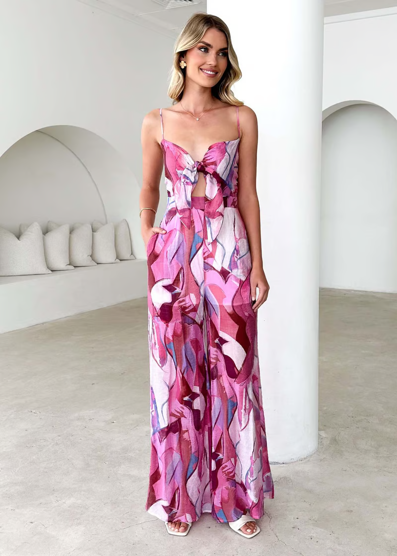 Annalise - Chic Printed Suspender Strap Long Dress