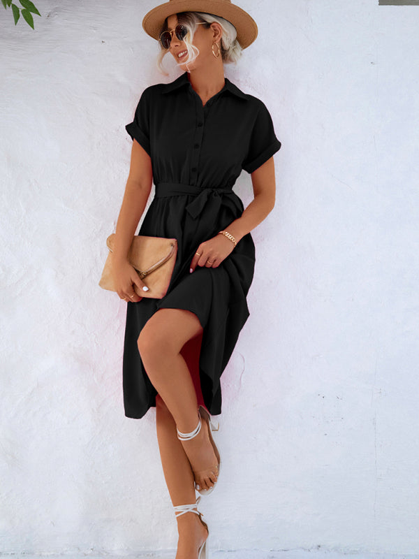 Britany - Button-Up Shirt Dress With Waist Tie