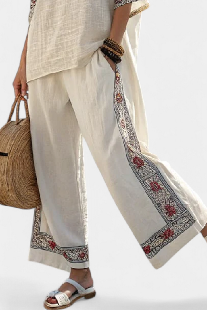 Tameric | Sophisticated Embroidered Raw Blouse & Wide Pants