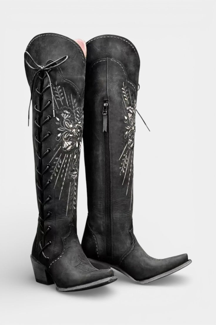 Antonine Vintage Western Lace-Up Boots with Embroidery