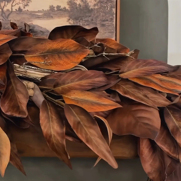 Azura | Brown Magnolia Leaf Garland – realistic autumn decoration for indoor and covered outdoor areas