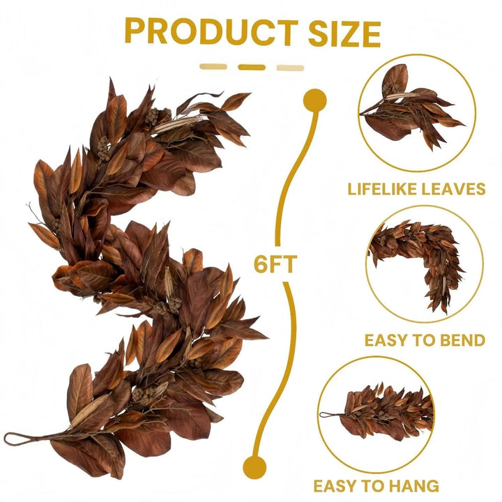Azura | Brown Magnolia Leaf Garland – realistic autumn decoration for indoor and covered outdoor areas