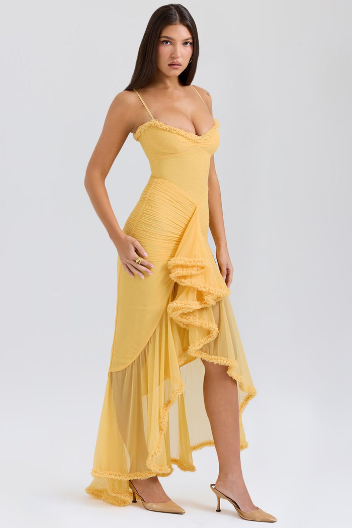DELLA – VINTAGE-INSPIRED RUFFLE FRONT DRESS