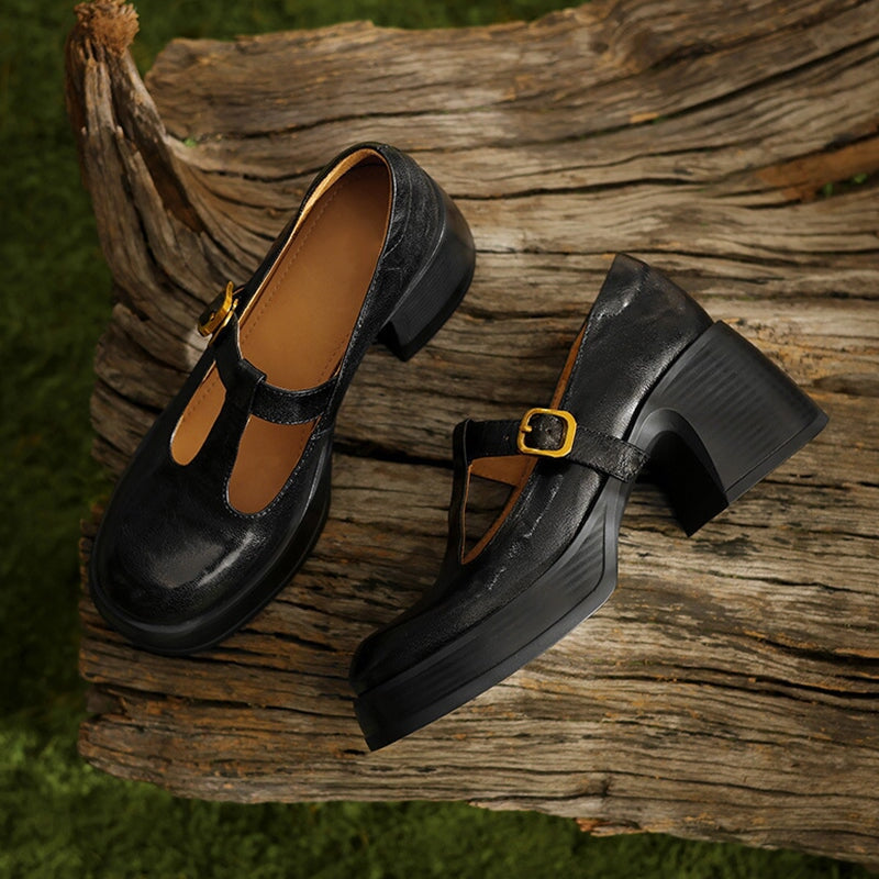 Giselle - Cowhide Round Toe Mary Jane Flats