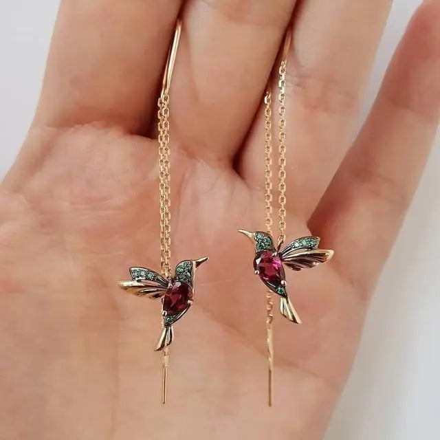 Gold Hummingbird Threader Earrings with Crystals