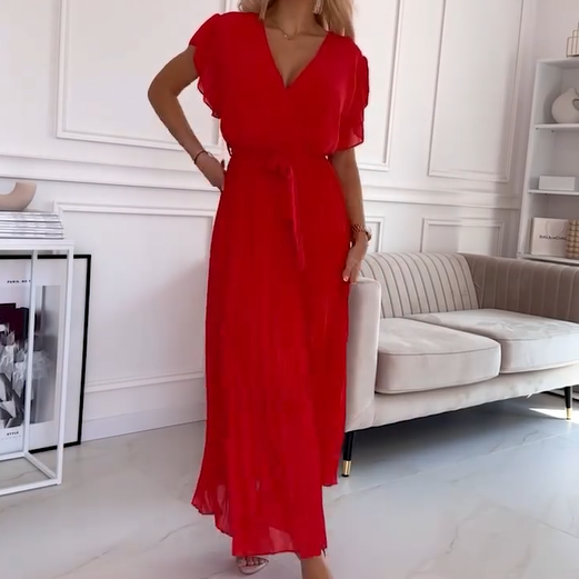 AMANDA - ELEGANT V-NECK PLEATED MAXI DRESS
