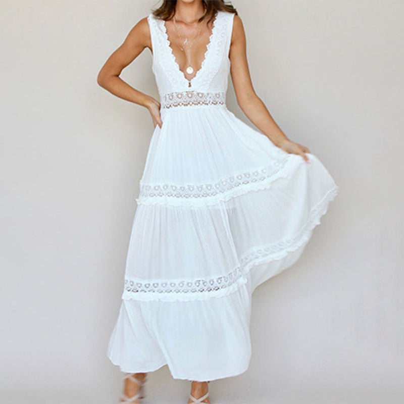Nancy – Lace Back Maxi Dress with V-Neck