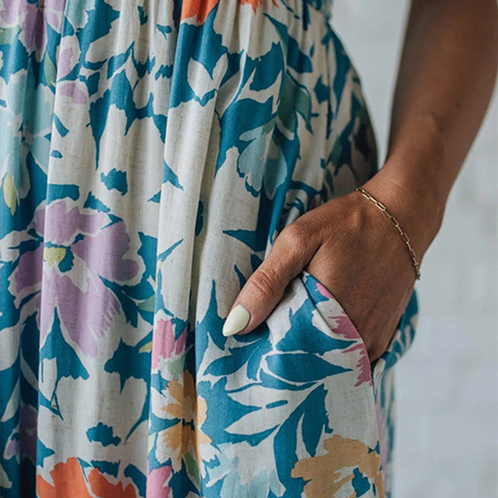 Maxi Floral Dress with Ruffled Bodice and Adjustable Straps
