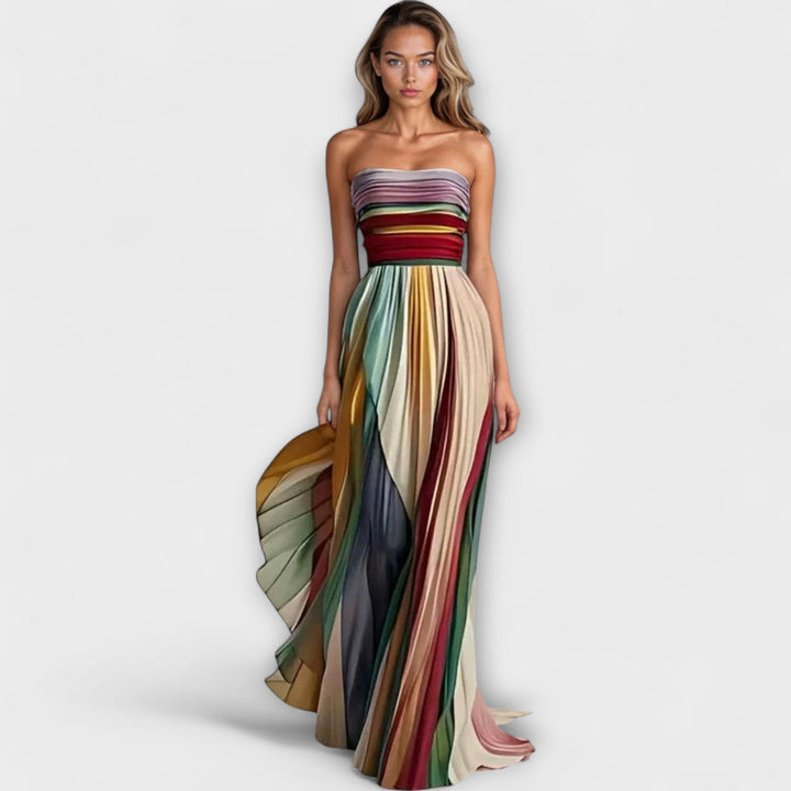 AVERY – PLEATED RAINBOW STRAPLESS DRESS