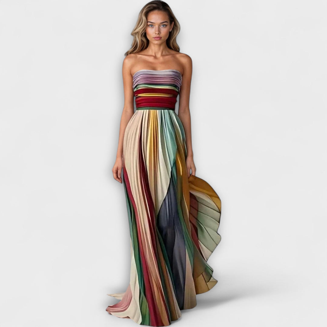 AVERY – PLEATED RAINBOW STRAPLESS DRESS