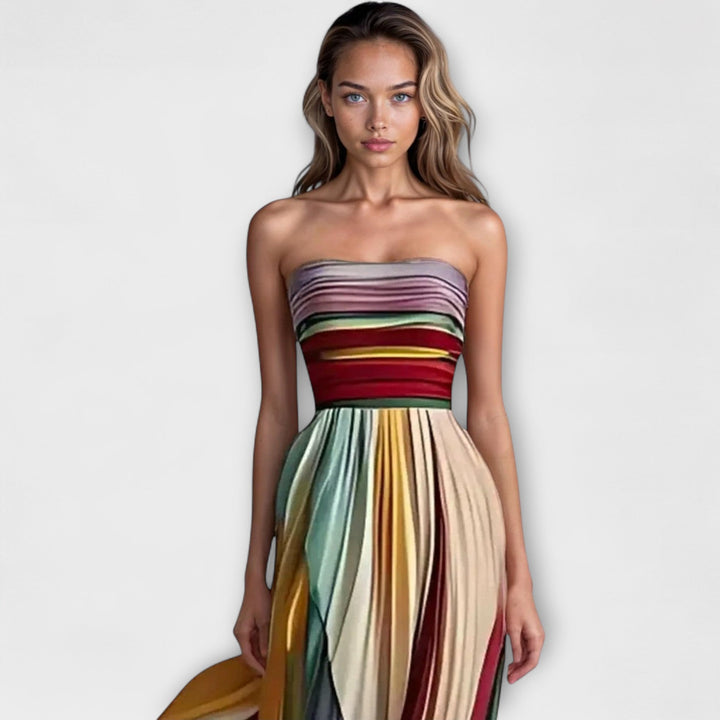 AVERY – PLEATED RAINBOW STRAPLESS DRESS